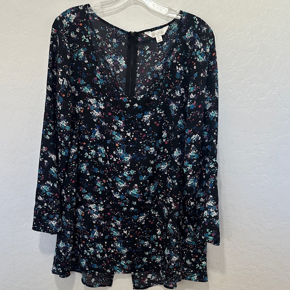 Decree black Multicolor Floral Top Womens XL blue career business long sleeve